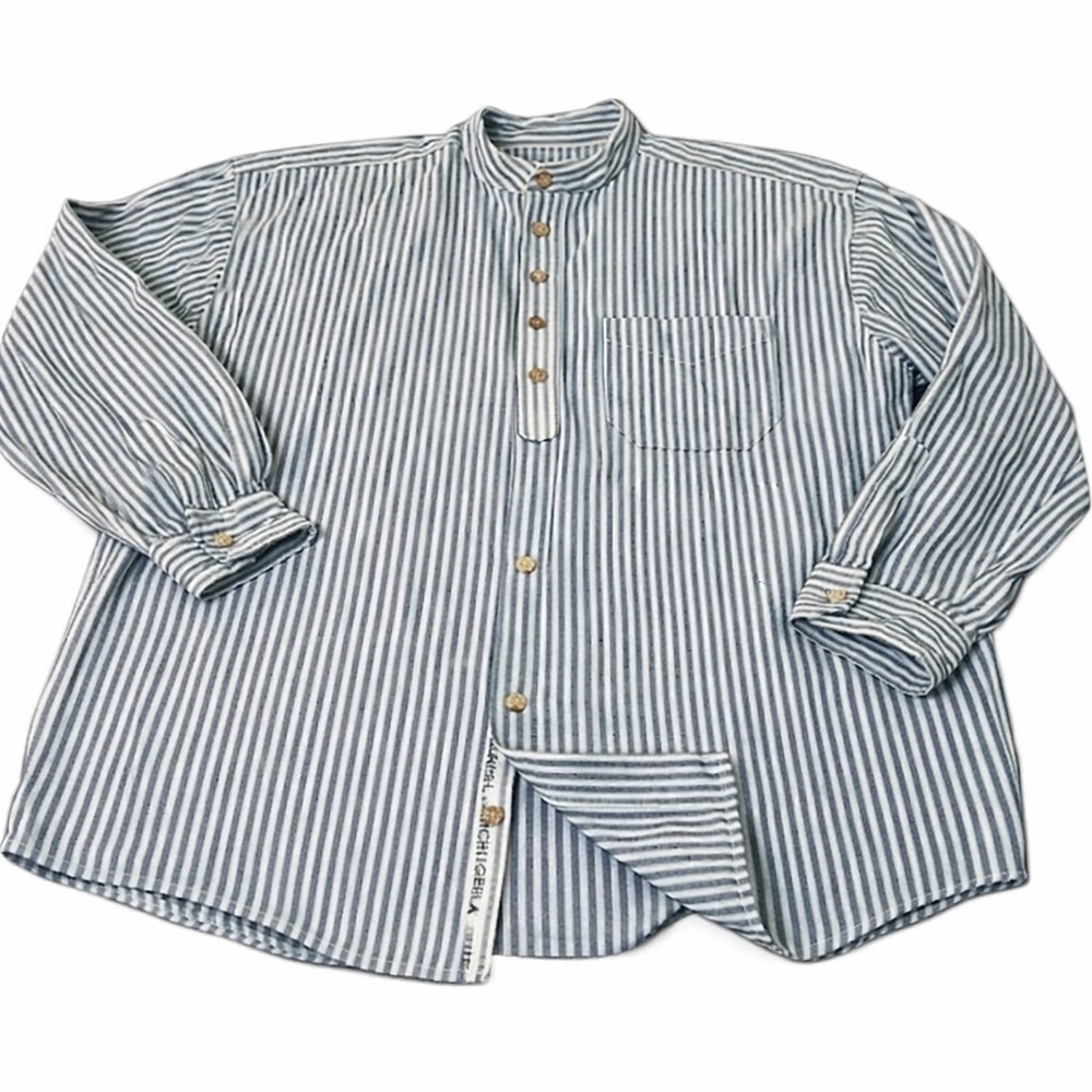 Lee Valley Ireland Grandfather  3XL Shirt  Blue Green Striped Collarless Button